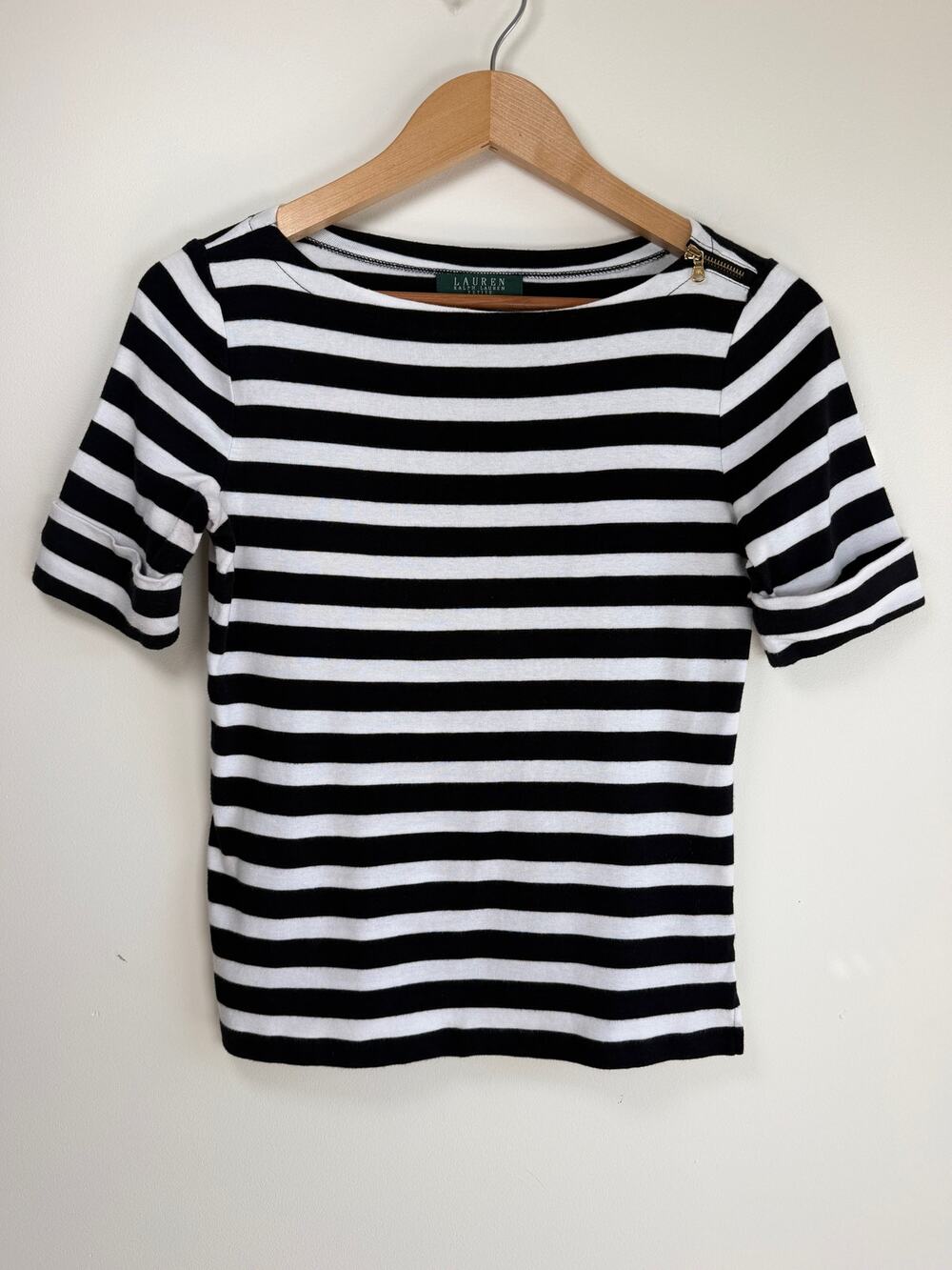 Lauren Ralph Lauren Black White Striped Cotton Boat Neck Tee Top Petite Medium
